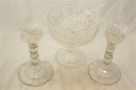 Pair of facetted glass candlesticks, c.1790 and a Regency pedestal bowl(-)